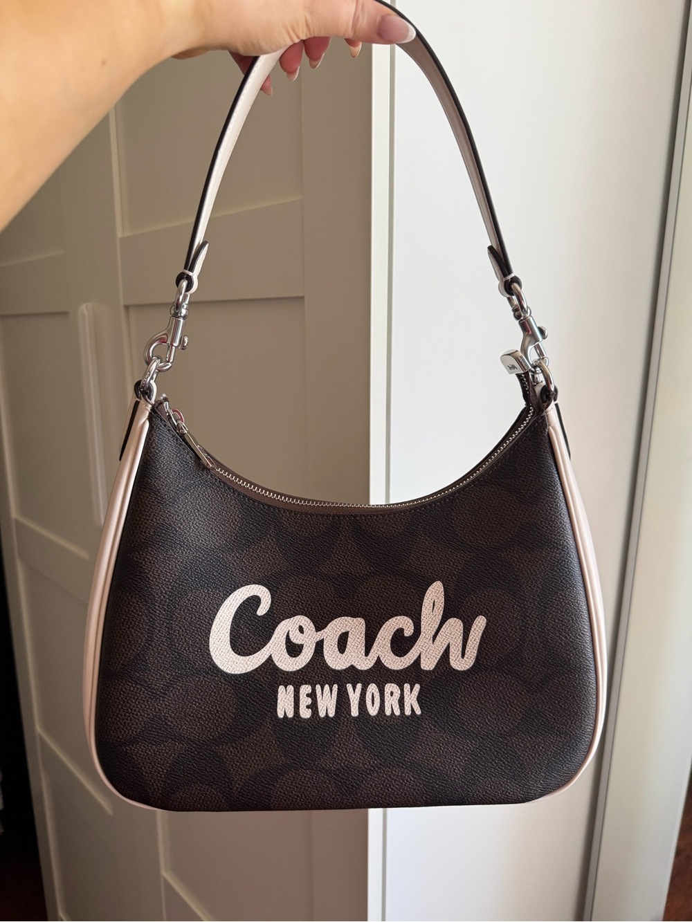 NWOT Coach Brown Signature Canvas Shoulder Bag with white trim
